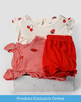 Enxoval bebê 3 peças com babados morango listrado + caixa de presente P | Carter's