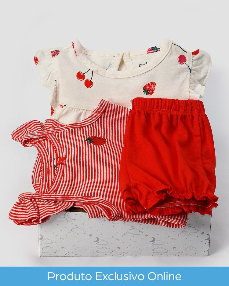 Enxoval bebê 3 peças com babados morango listrado + caixa de presente P | Carter's