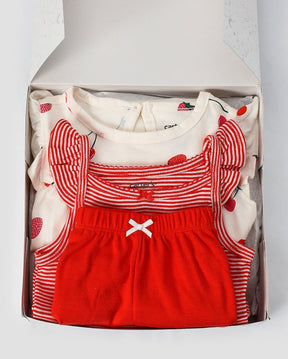 Enxoval bebê 3 peças com babados morango listrado + caixa de presente P | Carter's