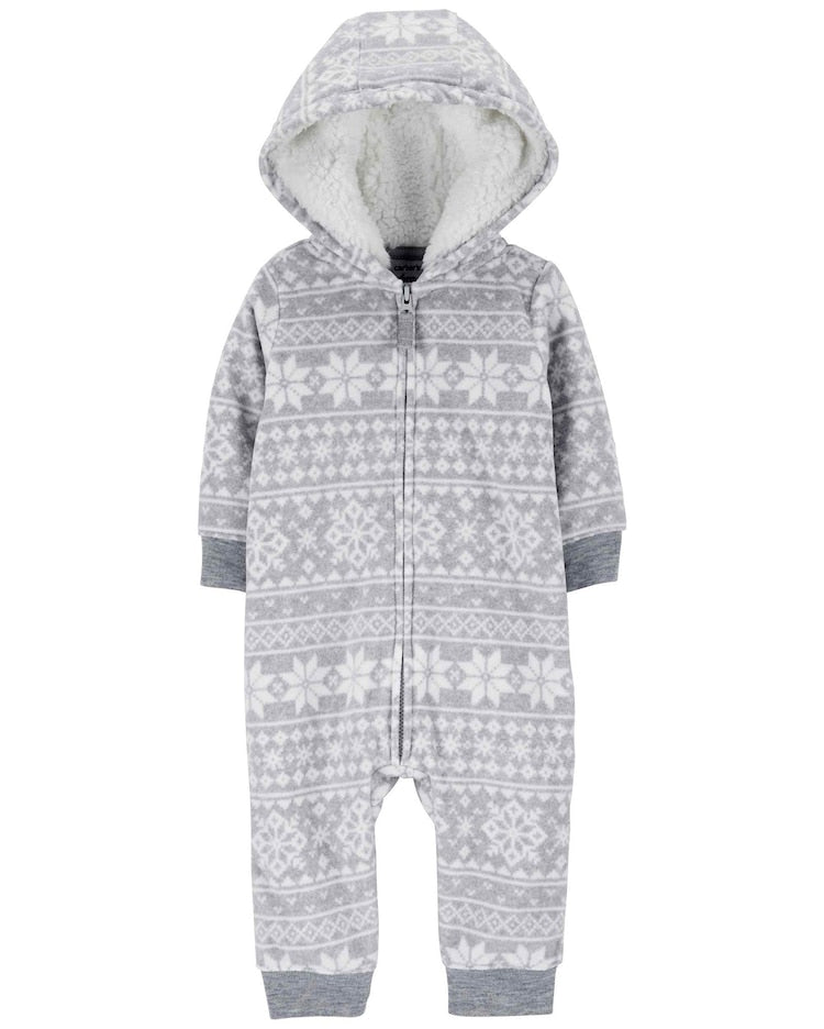 Macacão bebê fleece capuz sherpa neve cinza | Carter's