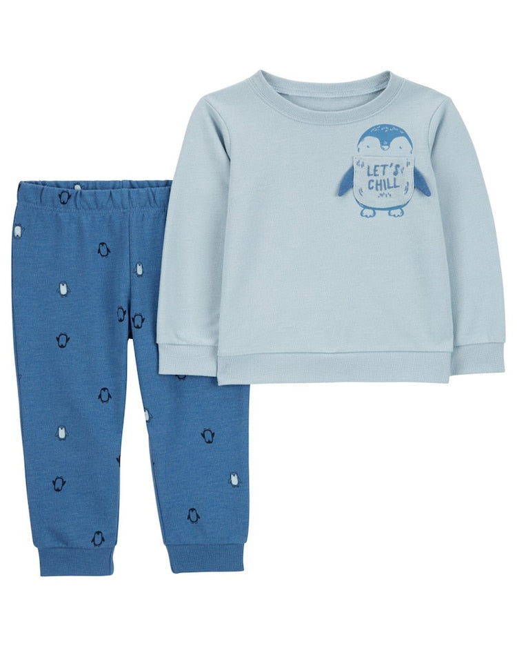 Conjunto longo de moletom infantil 2 peças bolso pinguim multicor | Carter's