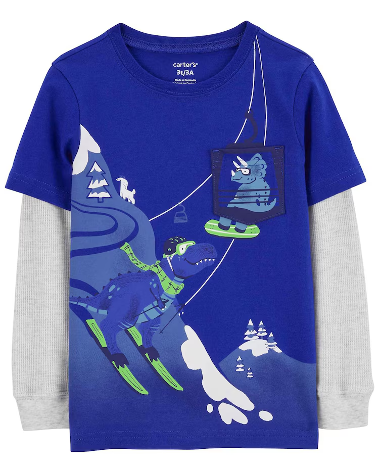 Camiseta infantil manga longa dino esquiando azul | Carter's
