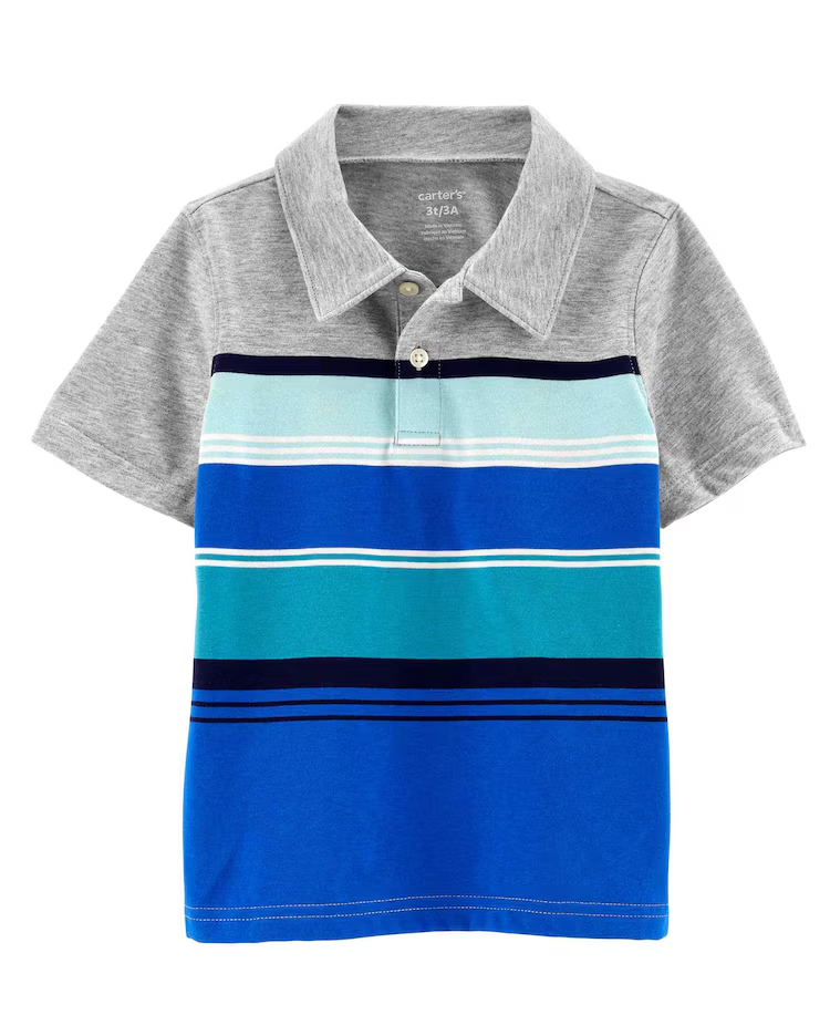 Camisa Polo Infantil Faixas Cinza/Azul Carter's Tam 2 a 5