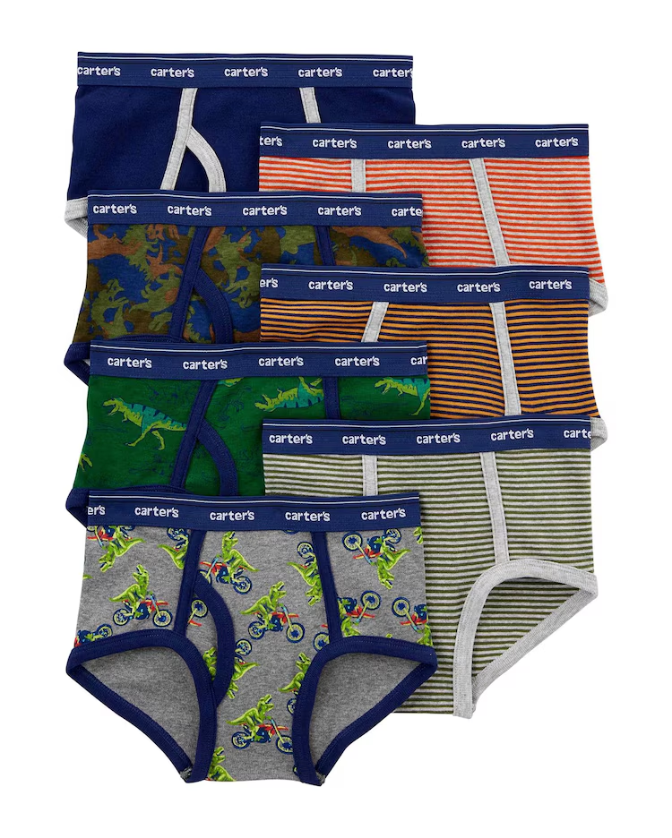 Kit Cueca Infantil 7 Peças Dinos e Listras Carter's - Cinza/Verde/Laranja