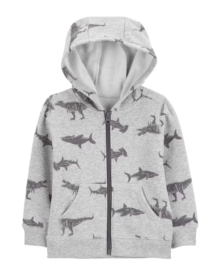 Blusão infantil de moletom aberto com capuz bichinhos cinza | Carter's