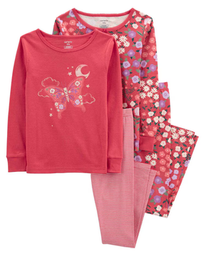Pijama longo infantil 4 peças borboleta e floral rosa | Carter's