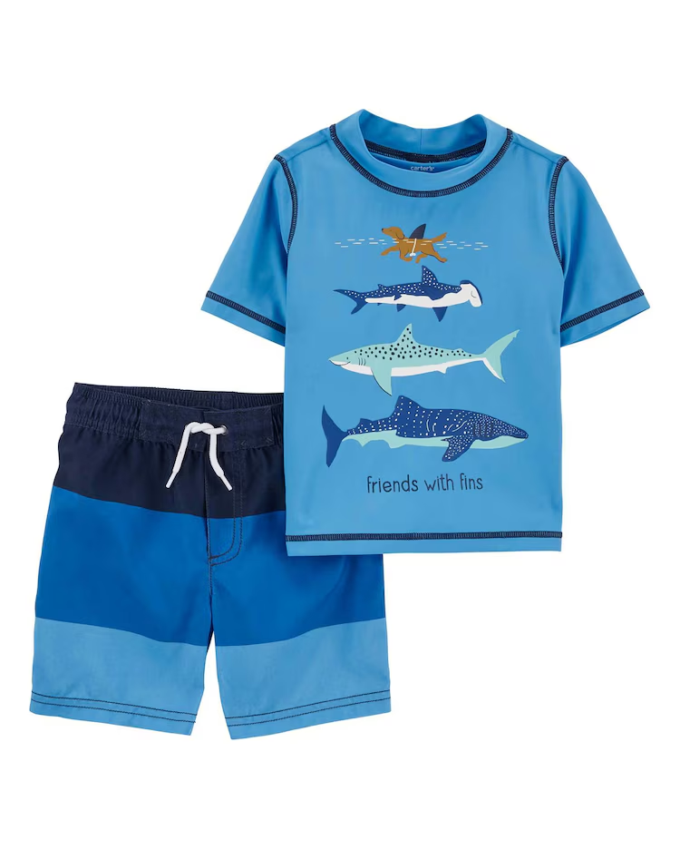 Conjunto de Praia Infantil Carter's 2 Peças Tubarões Azul Tam 2 a 5