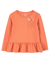 Camiseta infantil manga longa com babado e bolso laranja | Carter's