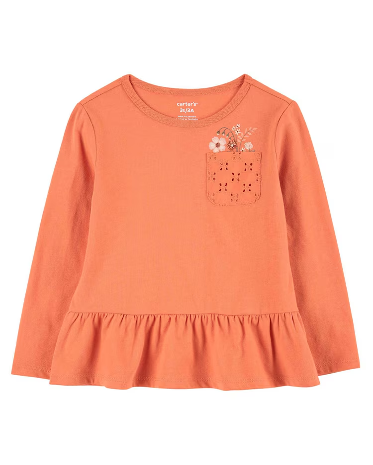 Camiseta infantil manga longa com babado e bolso laranja | Carter's