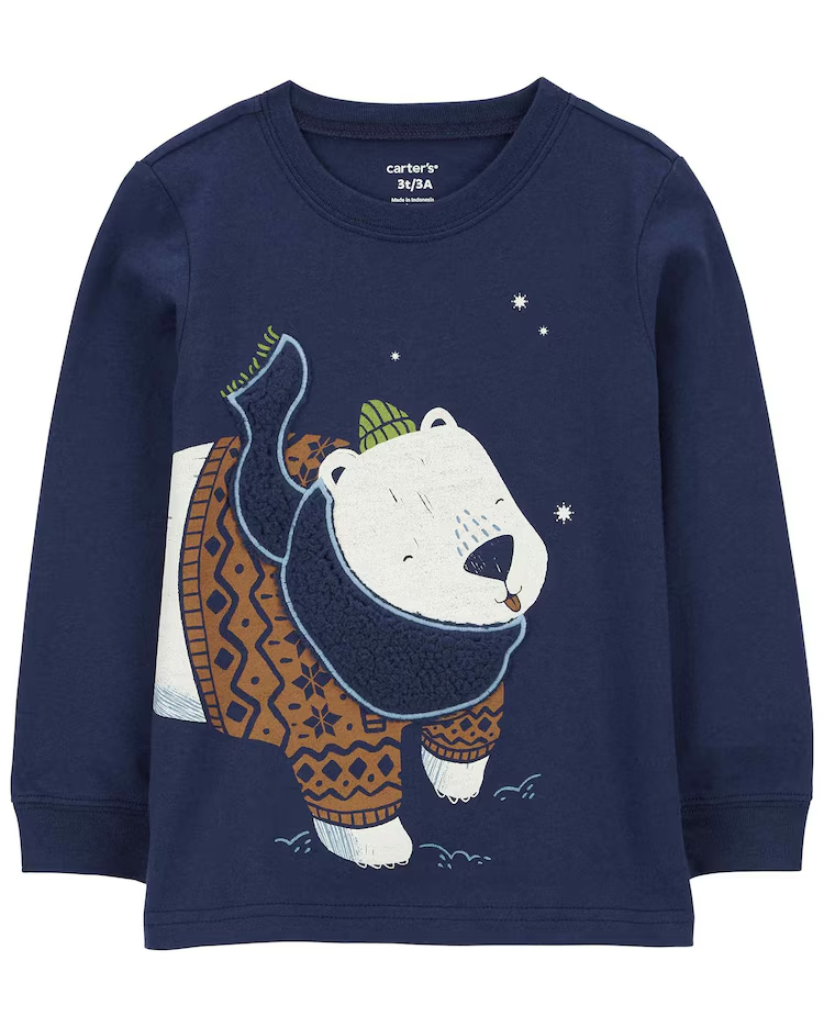 Camiseta infantil manga longa urso polar azul | Carter's