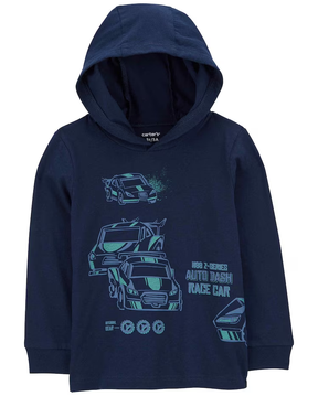 Blusa de moletom infantil com capuz carros azul | Carter's