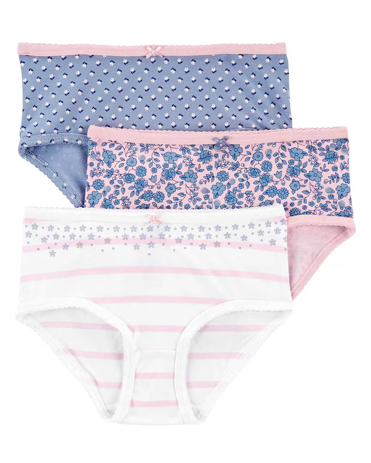 Kit Calcinha Infantil Carter's 3 Peças Floral Azul/Rosa/Branco Tam 2 a 8
