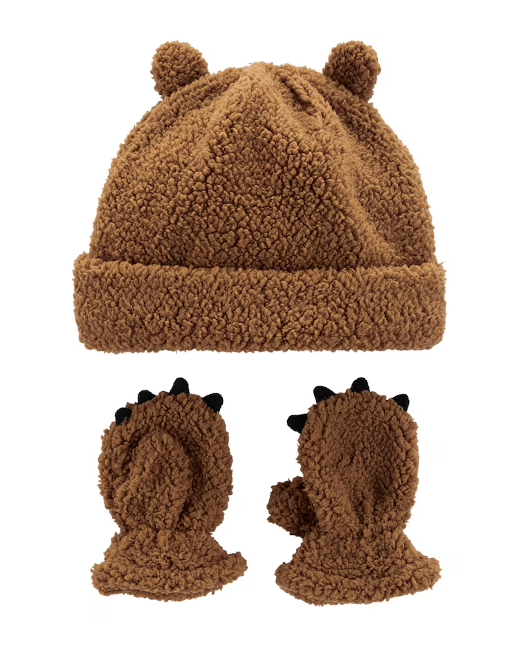Kit Gorro + Par de Luvas Infantil Carter's Pelúcia Marrom Tam 2 a 4
