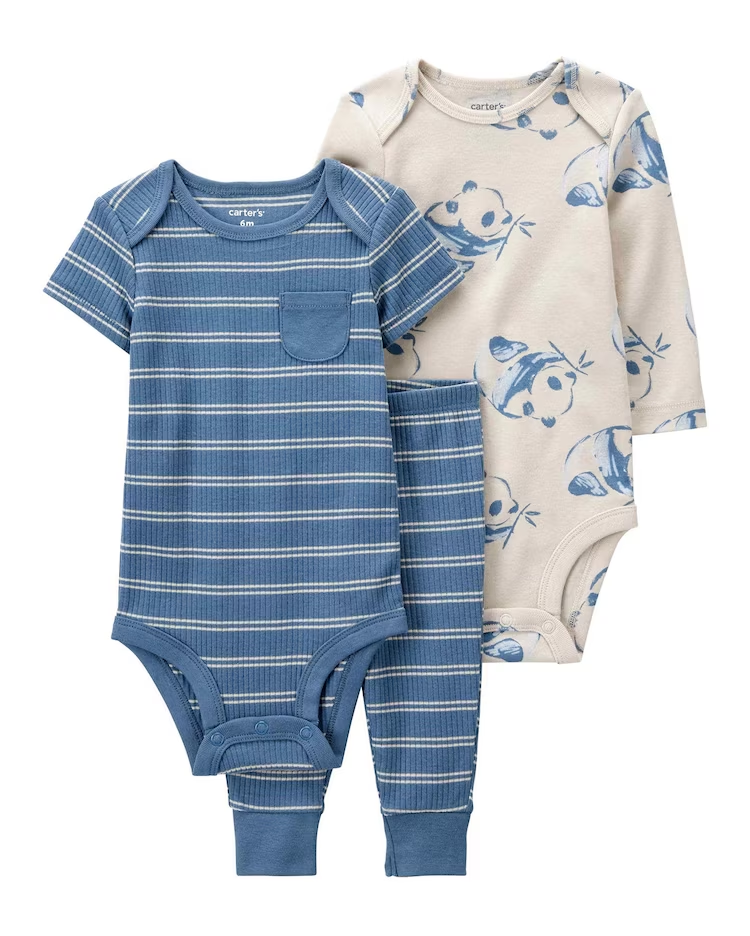 Conjunto longo bebê 3 peças listrado e panda multicor | Carter's
