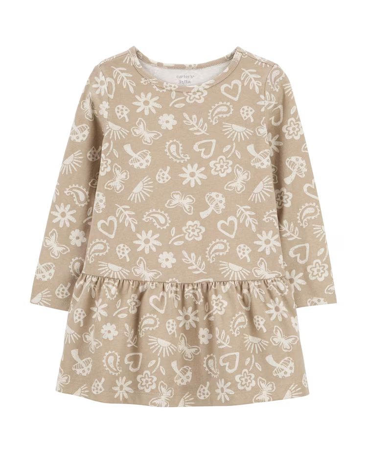 Vestido infantil evasê floral manga longa bege | Carter's