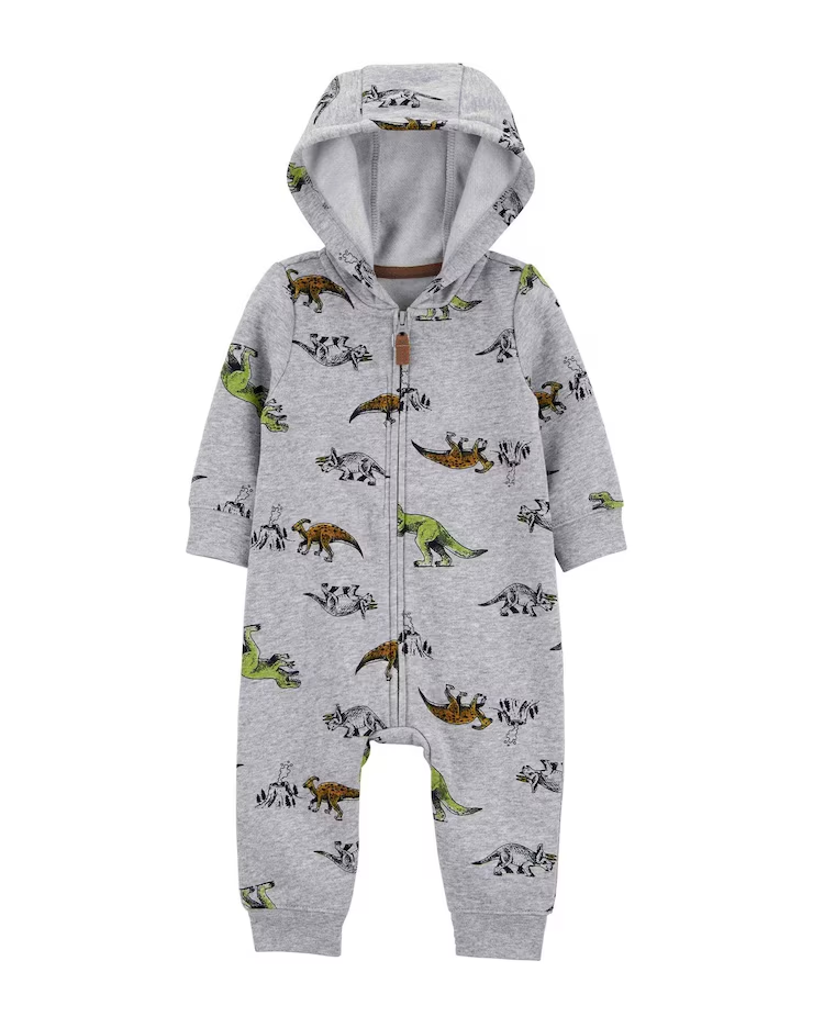 Macacão de moletom bebê com capuz  dinossauros cinza | Carter's