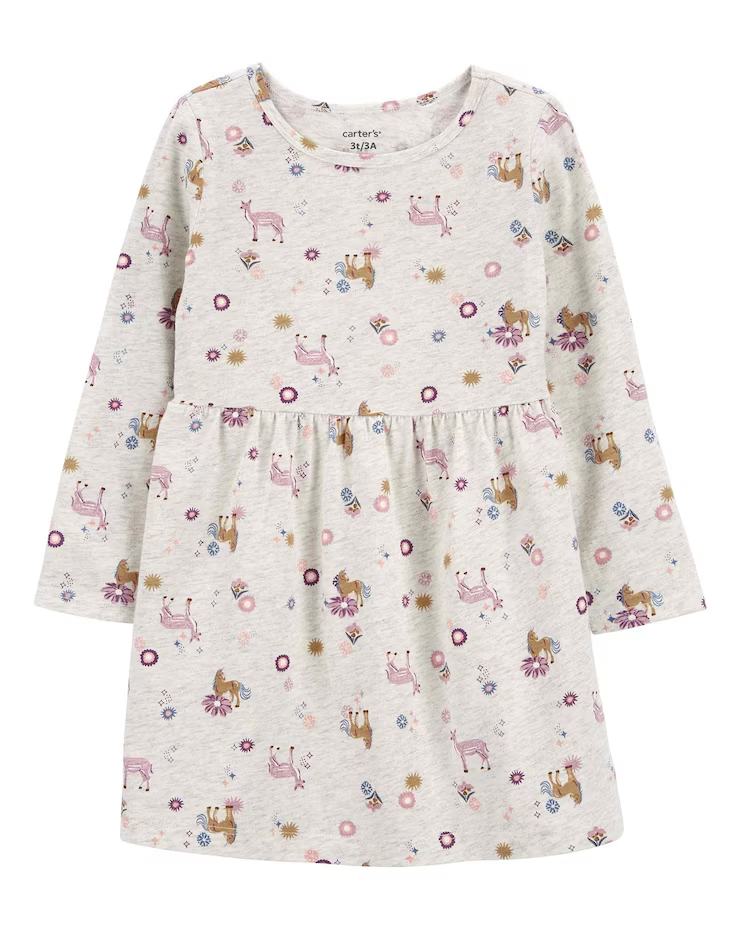 Vestido infantil evasê floral manga longa off-white | Carter's
