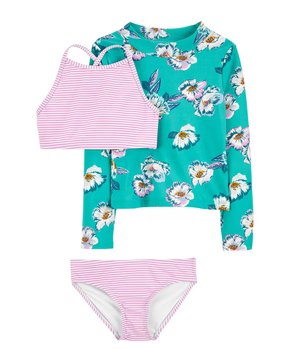 Conjunto de verão infantil 3 peças floral e listrado rosa | Carter's