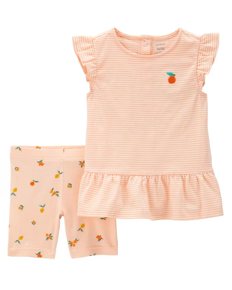 Conjunto curto bebê 2 peças com babados listrado + faixa de cabelo verde | Carter's