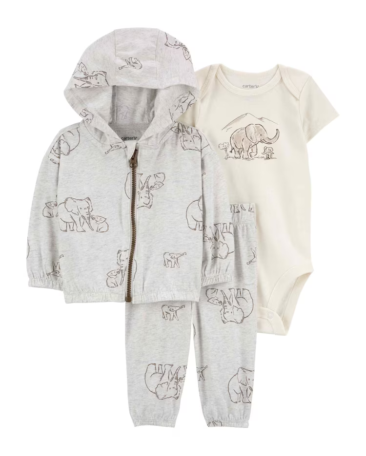 Conjunto longo de moletom bebê 3 peças elefante multicor | Carter's