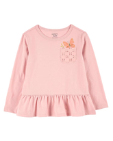 Camiseta infantil manga longa com babado e bolso rosa | Carter's