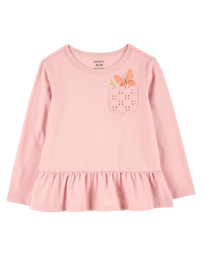 Camiseta infantil manga longa com babado e bolso rosa | Carter's
