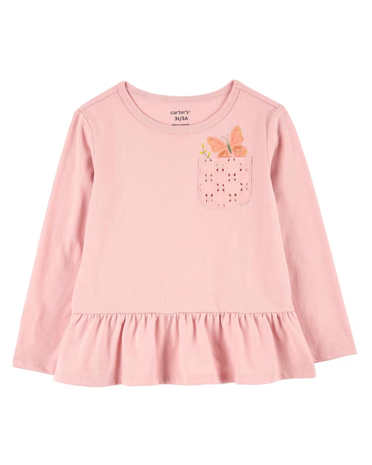 Camiseta infantil manga longa com babado e bolso rosa | Carter's