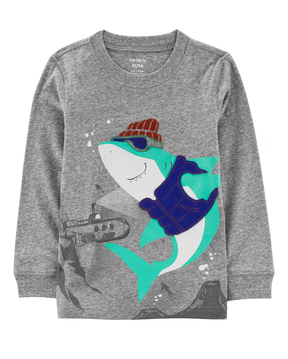 Camiseta infantil tubarão manga longa cinza | Carter's