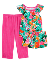 Pijama longo infantil 3 peças tropical com babados verde | Carter's