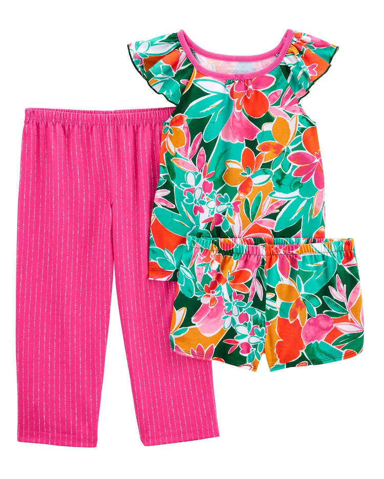 Pijama longo infantil 3 peças tropical com babados verde | Carter's
