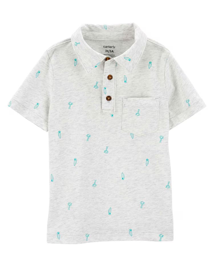Camisa polo infantil com bolso coqueiros e pranchas cinza | Carter's