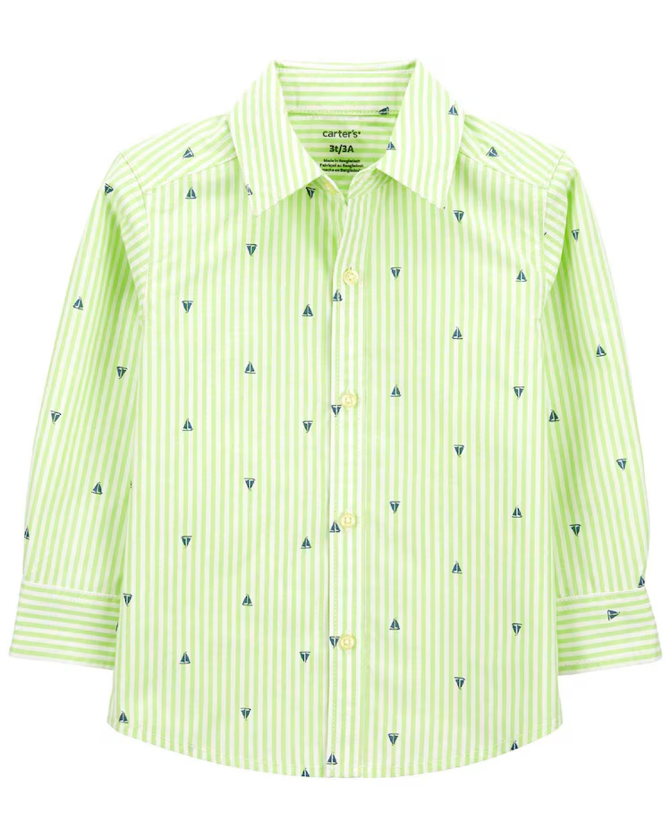 Camisa infantil com colarinho listrada barquinhos verde | Carter's