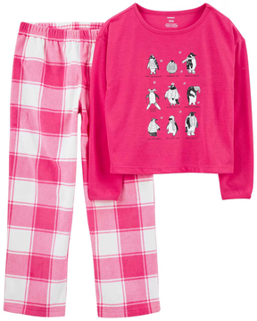 Pijama longo infantil 2 peças fleece xadrez pinguim rosa | Carter's